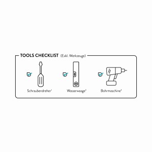 Checkliste Werkzeuge (exklusive Werkzeuge): Schraubendreher, Wasserwaage, Bohrmaschine.
