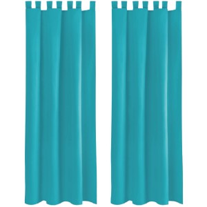 2er Set türkise Dekoschals (140x225 cm) mit Schlaufen, Raffhaltern und Haken für Fenstervorhänge.