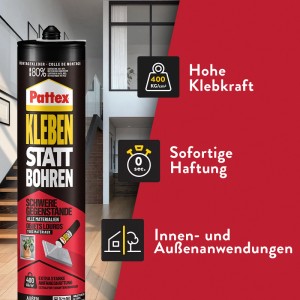 Pattex Montagekleber Kartusche, weiß, für starkes Kleben ohne Bohren.