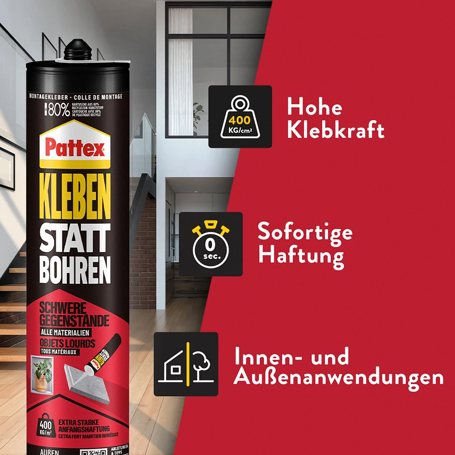 Pattex Montagekleber Kartusche, weiß, für starkes Kleben ohne Bohren.