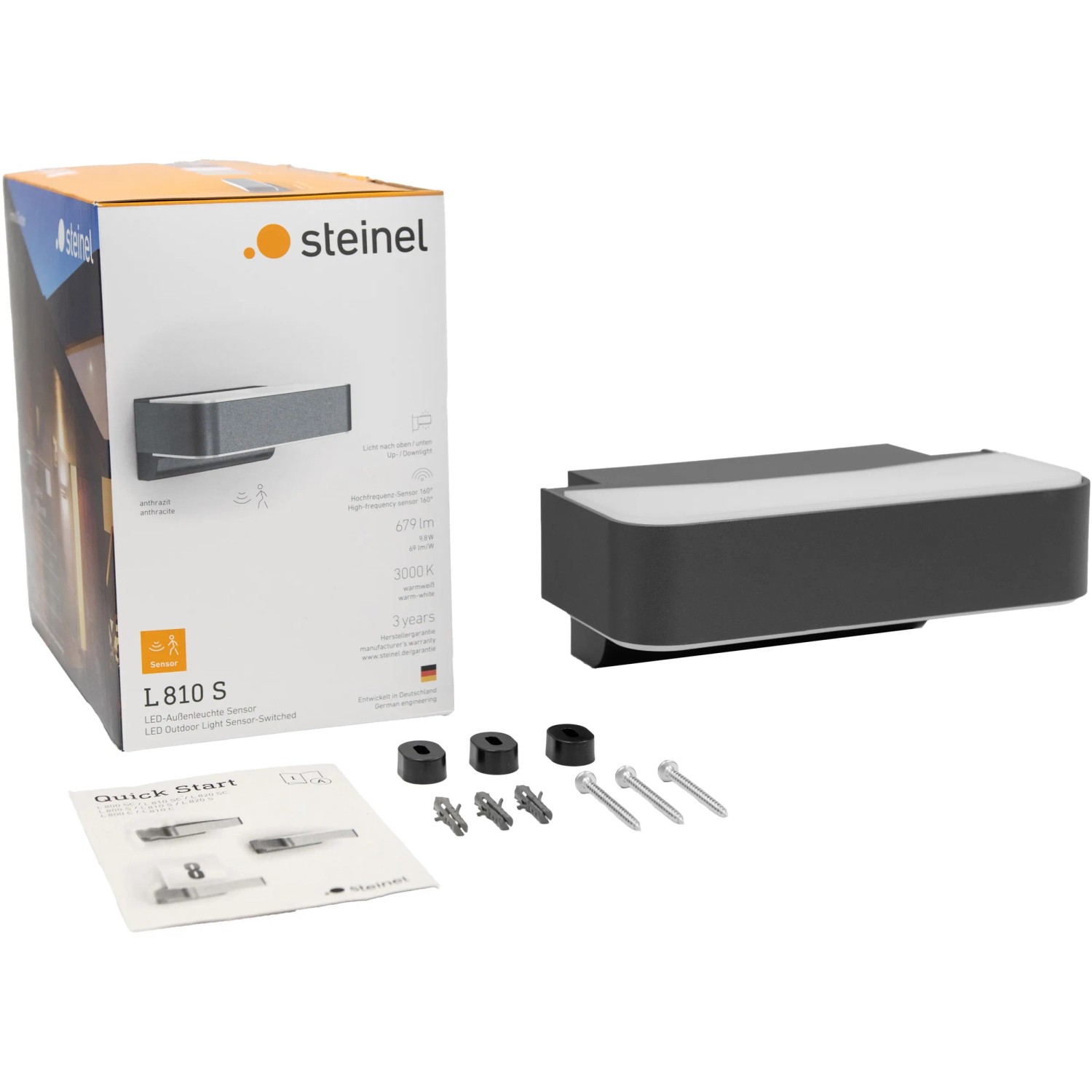 Steinel LED-Außenleuchte L 810 S Anthrazit mit Bewegungsmelder, Frontalansicht mit Zubehör.