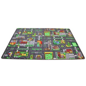 Bunter Pergamon Straßenteppich Metropolis, 100x165cm, mit Straßenmuster und Gebäuden.