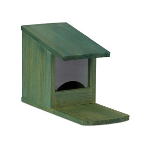 Dunkelgrünes Relaxdays Eichhörnchen Futterhaus aus Tannenholz mit Sichtfenster.
