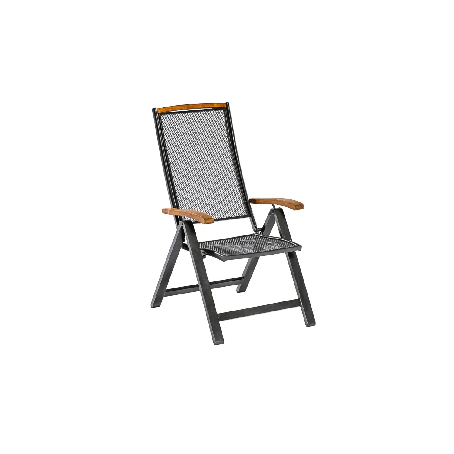 Merxx Tilos Klappsessel, graphitfarbenes Aluminiumgestell, Akazienholz-Armlehnen. Verstellbarer Gartenstuhl.