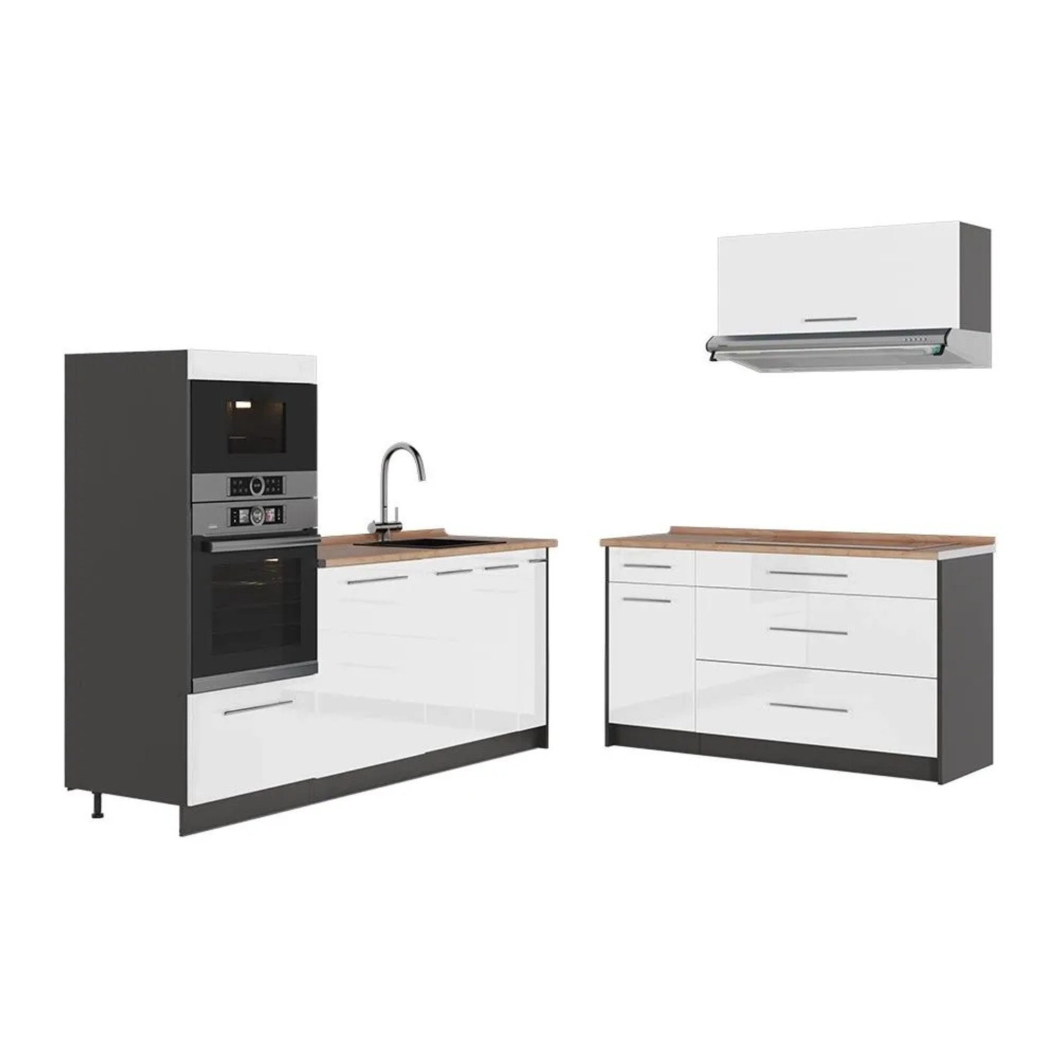 Vicco Küchenzeile Fame-Line Weiß Hochglanz/Anthrazit 340 x 154 AP Eiche Art Nr 63878