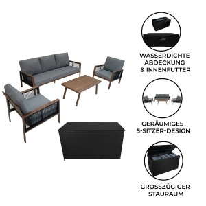 Jardi 4-teilige Aluminium Sofagarnitur mit schwarzer Rattan Aufbewahrungsbox und Holzelementen.