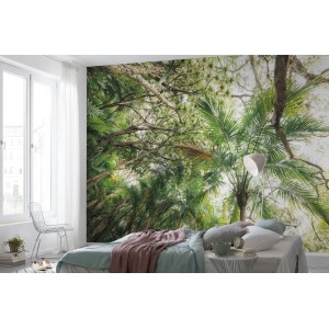 Sanders Fototapete Dschungel, grüne Blätter, 450x280cm, im Schlafzimmer.