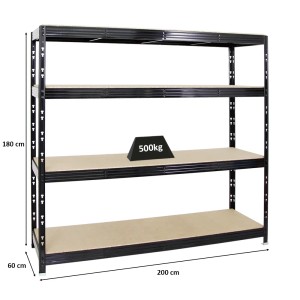 Schwarzes PROREGAL Schwerlastregal Rhino 180x200x60cm mit 4 Spanplatten-Ebenen für 500kg Fachlast.