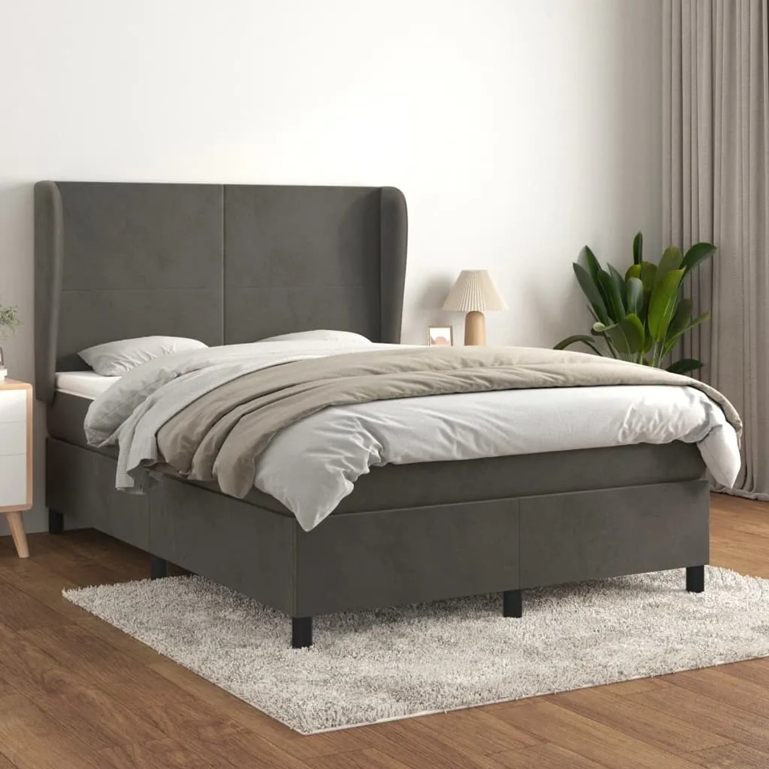 Dunkelgraues vidaXL Boxspringbett 140x190 cm mit Samtbezug, inklusive Matratze und Topper.