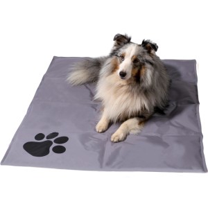 Hund liegt auf grauer Kühlmatte (99,5x70cm) mit Pfotenmuster. Ideal als Hundekissen & Hundedecke.