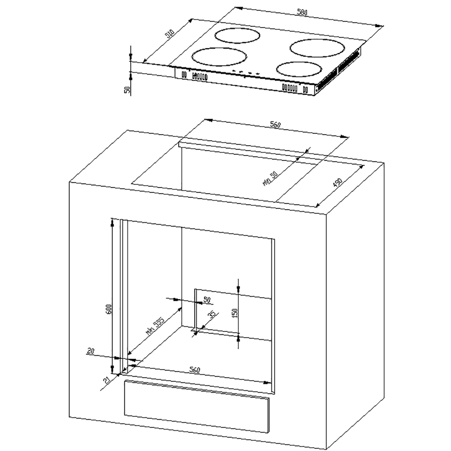 Skizze der OPTIFIT Faro220 Küchenzeile 270 cm in Anthrazit mit Maßen für Einbauherd und Unterschrank.