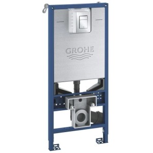 Grohe Rapid SLX 3-in-1 WC-Set: blaues Vorwandelement, silberner Spülkasten, verchromte Betätigungsplatte für Wand-WCs.