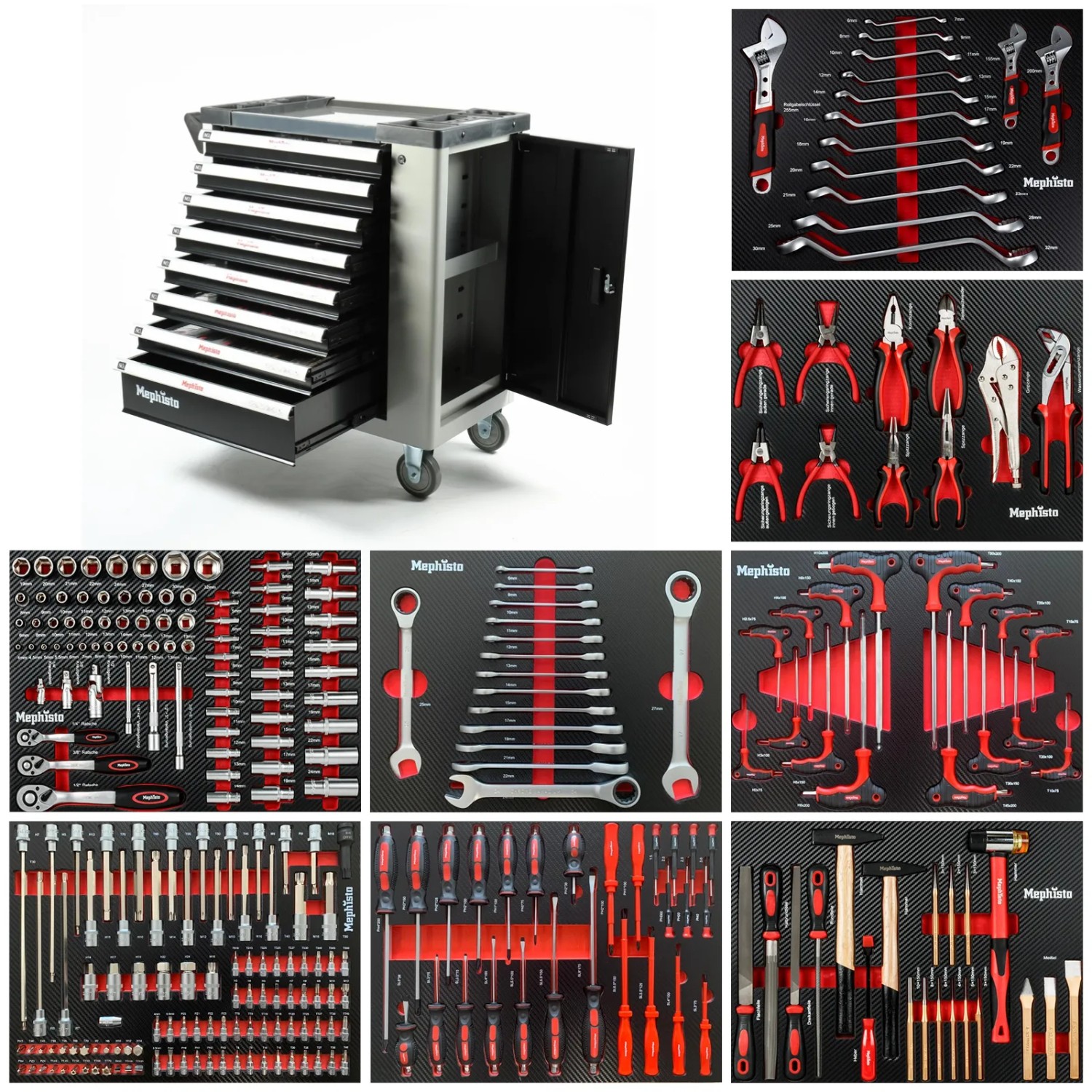 Mephisto Premium Werkzeugwagen mit Werkzeugsortiment, 8 Schubladen und Rollgabelschlüssel.