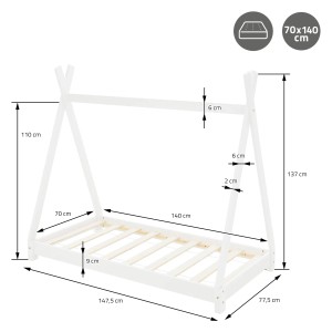 Weißes ML-Design Kinderbett Tipi 70x140 cm mit Lattenrost im Indianer Design.