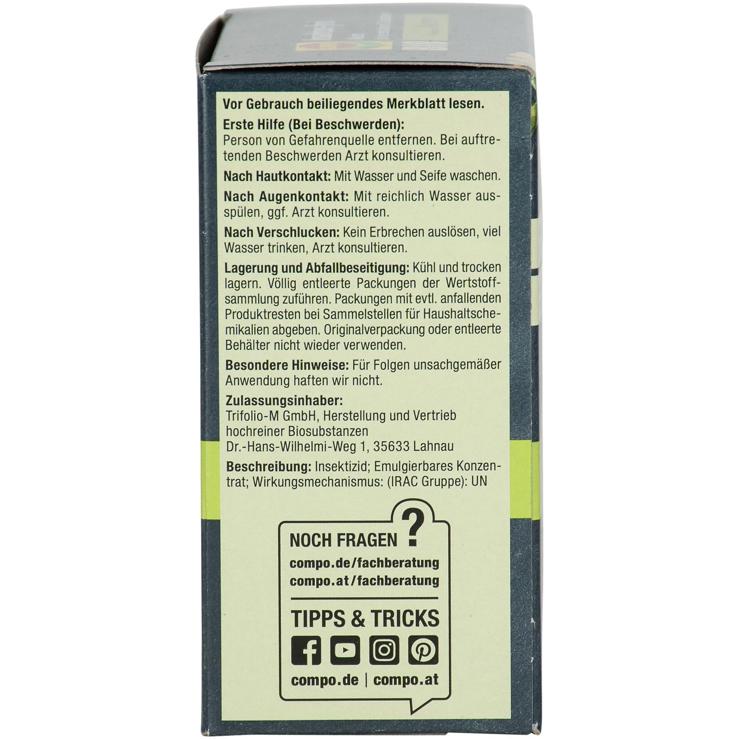 Compo Bio Insektenfrei Neem, 75ml: Detailansicht der Produktverpackung mit Anwendungs- und Sicherheitshinweisen.