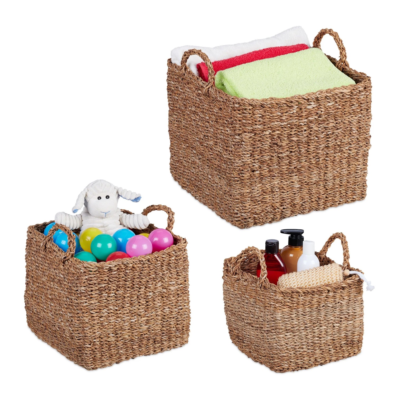 Relaxdays Aufbewahrungskorb Seegras Natur 3-tlg. 20 cm x 25 cm x 25 cm