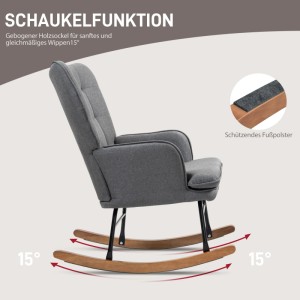 Grauer HOMCOM Schaukelstuhl mit breiter, gepolsterter Rückenlehne und Holzsockel. Zeigt 15° Schaukelfunktion.
