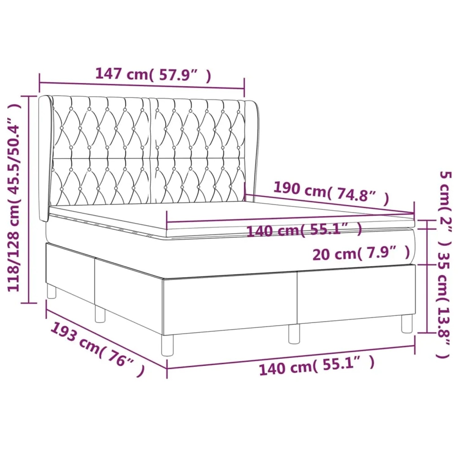 vidaXL Boxspringbett blau (140x190 cm) mit Matratze und Kopfteil, Stoffbezug.