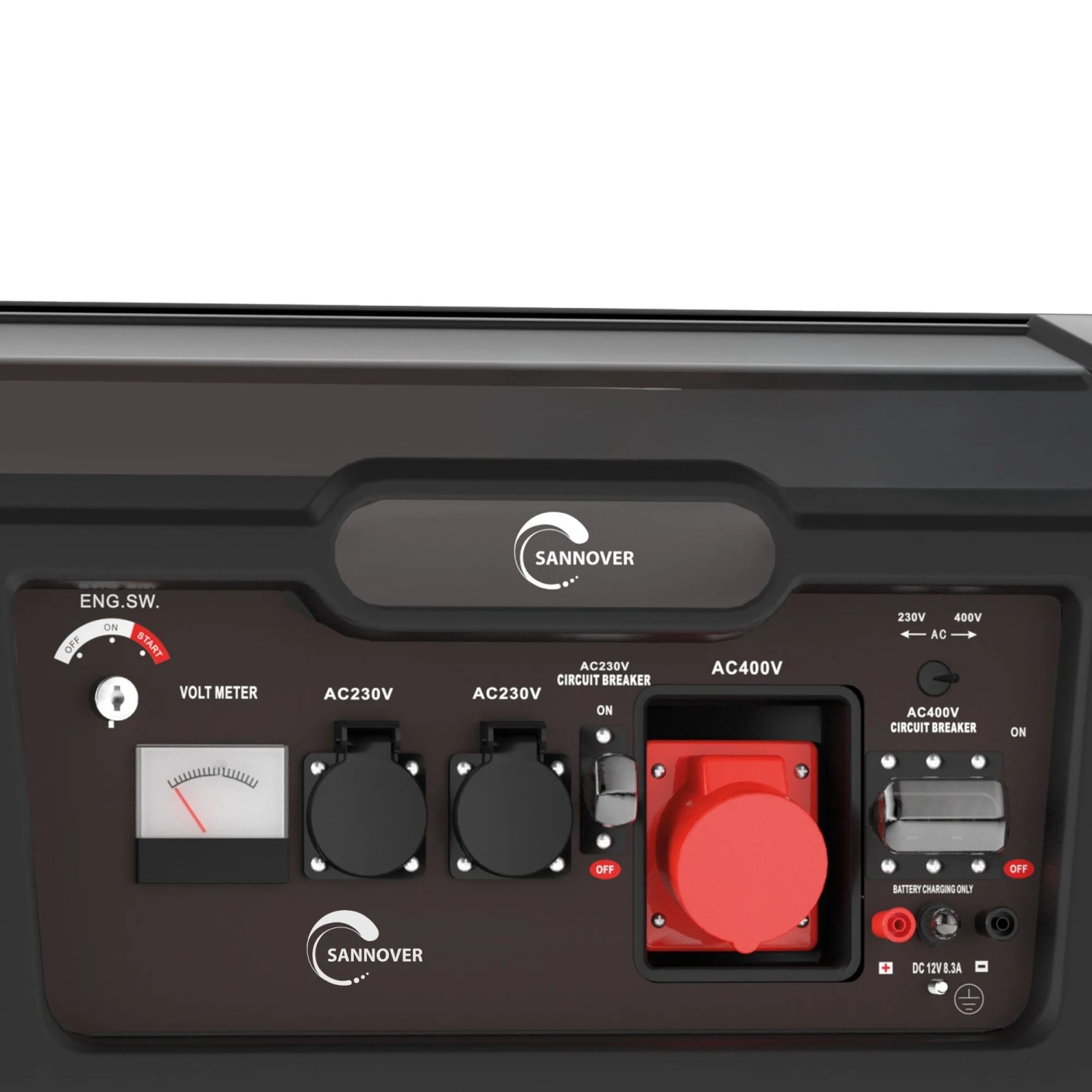 Sannover Stromerzeuger 5500W Bedienfeld mit Voltmeter, 2x 230V und 1x 400V Steckdosen.