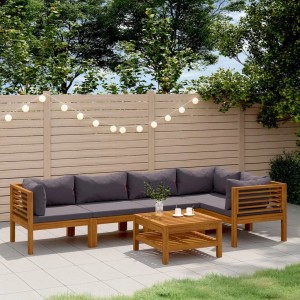 vidaXL 6-tlg. Garten Lounge Set aus Akazienholz mit dunkelgrauen Auflagen und Tisch.