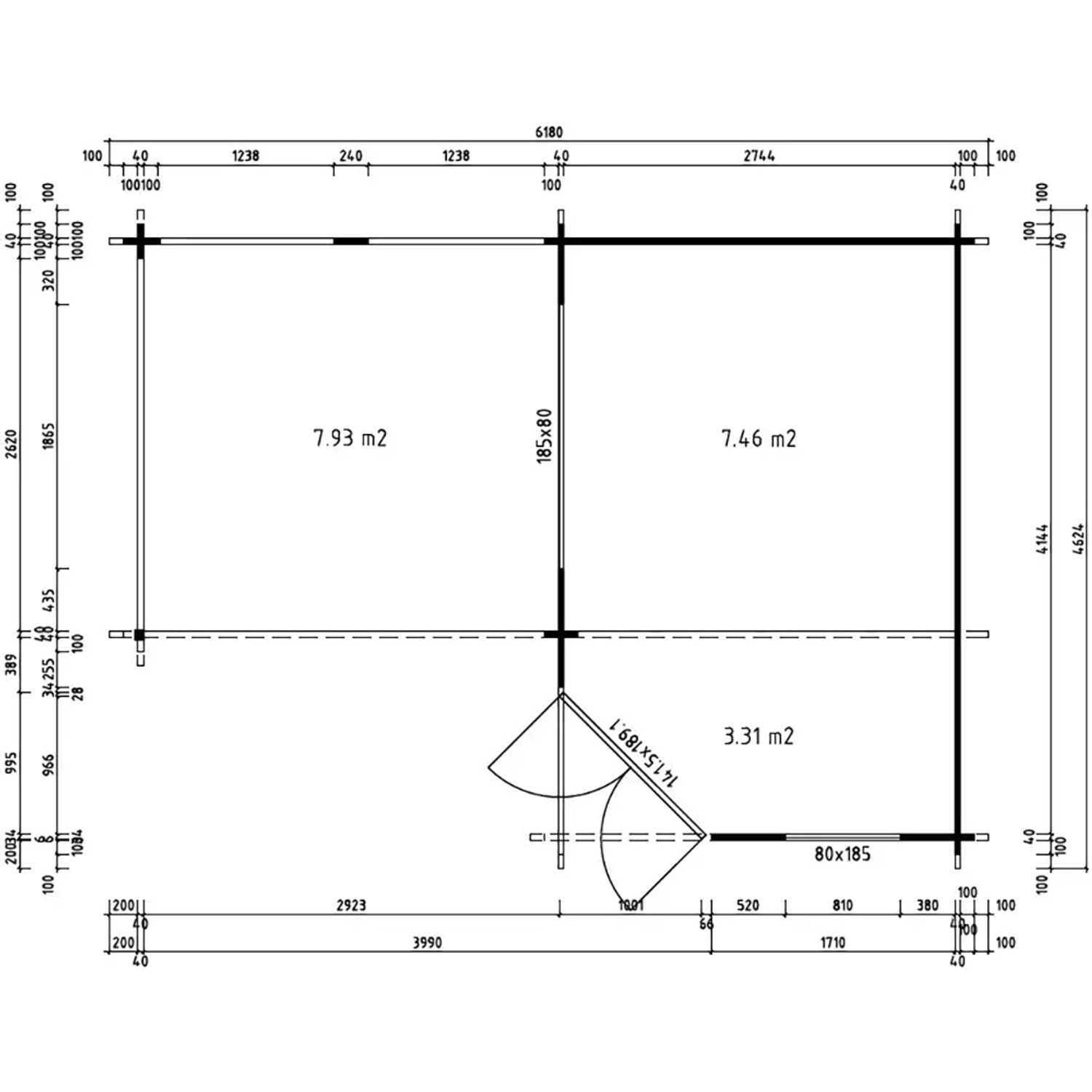 Grundriss Alpholz Holz-Gartenhaus Pepe Optima, 578x414cm, mit Flächenangaben. Ideal für die Planung Ihres Gartenhauses.