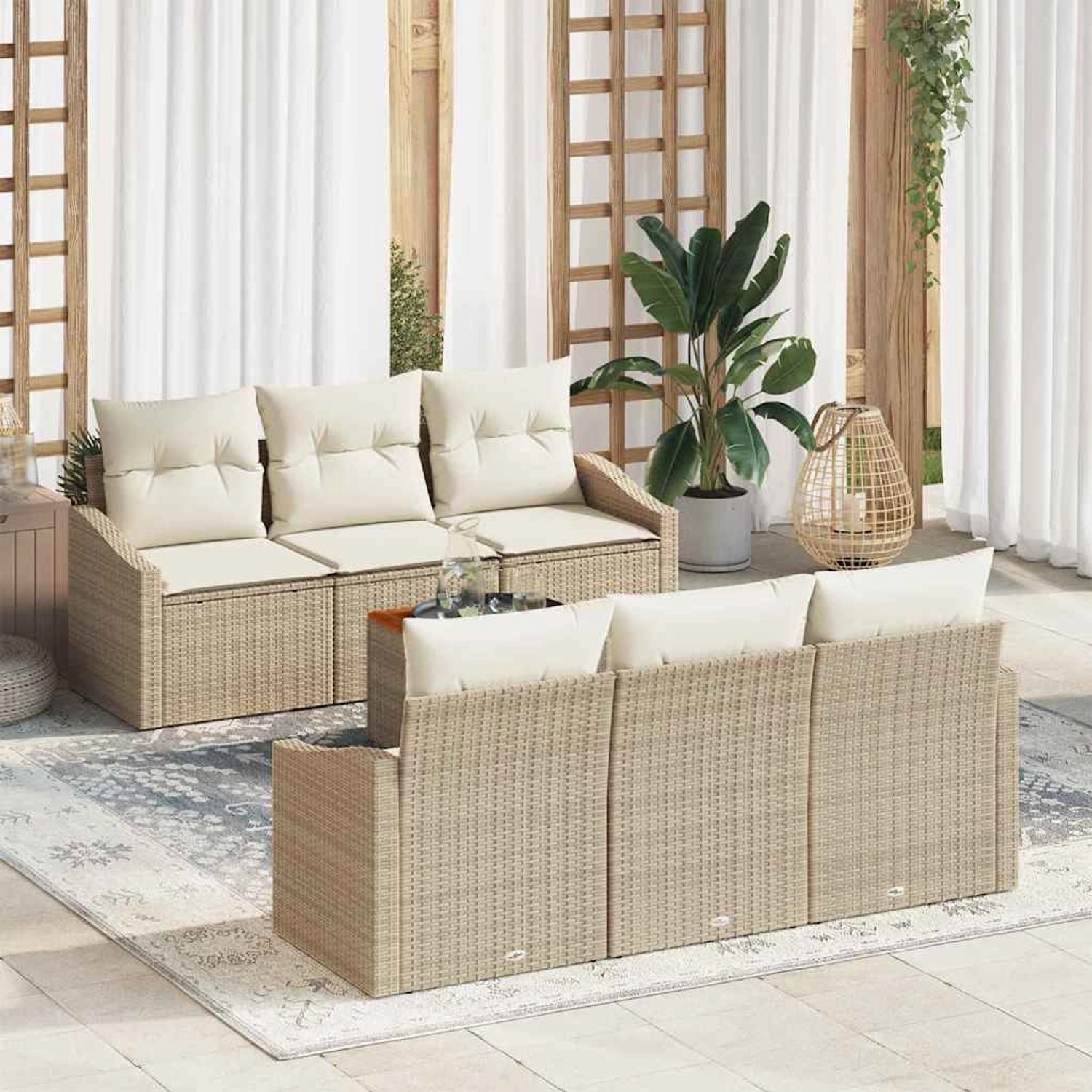 Beiges 7-teiliges vidaXL Garten-Sofa-Set aus Poly Rattan mit Kissen.