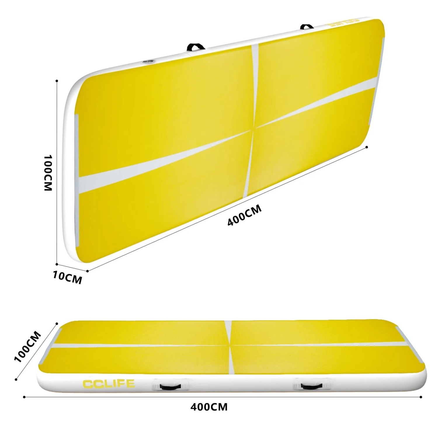 Gelbe aufblasbare CCLIFE Airtrack Matte, 400x100x10cm, mit weißen Linien und Griffen für Gymnastik & Training.