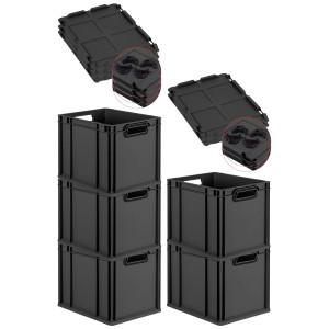 PROREGAL SparSet: 5 schwarze Euroboxen (30L) mit Auflagedeckel. Ideal zur Aufbewahrung und Transport.