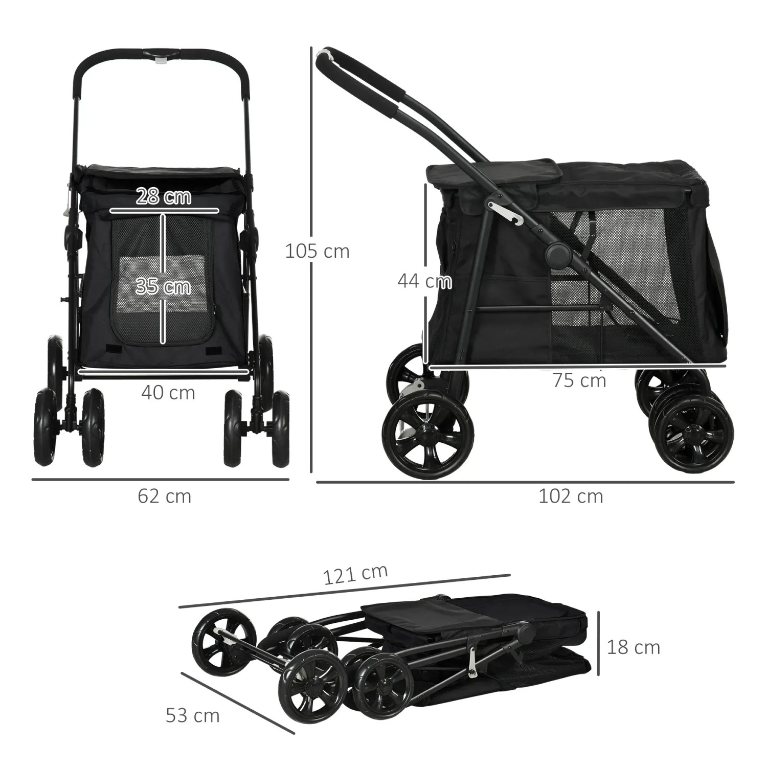 PawHut Hundewagen, schwarz, mit Kissen und Seitentaschen, verschiedene Ansichten mit Maßangaben.