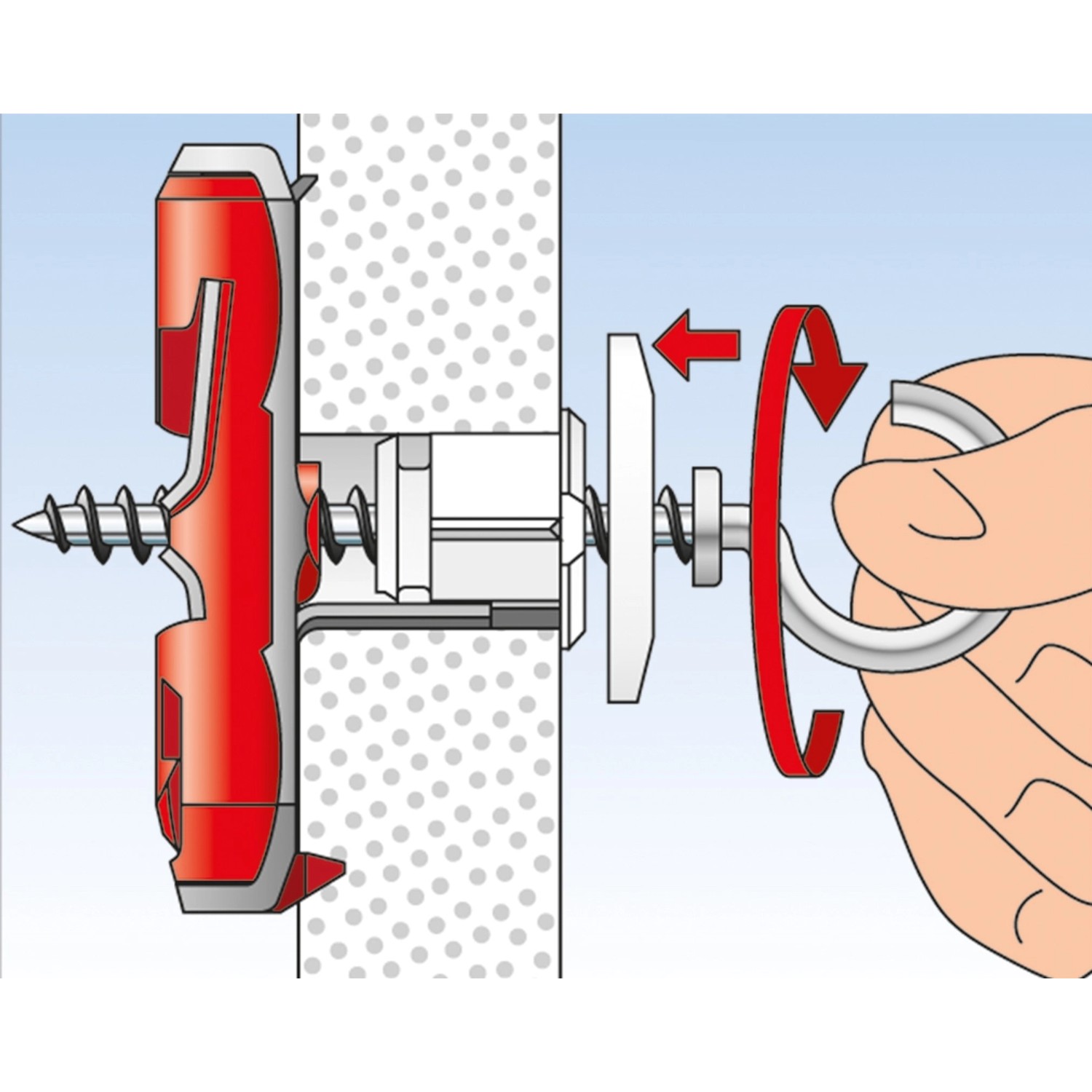 Illustration: Fischer Kippdübel Duotec 10 S mit Schraube in Anwendung. Dübel für Hohlräume und Plattenbaustoffe.