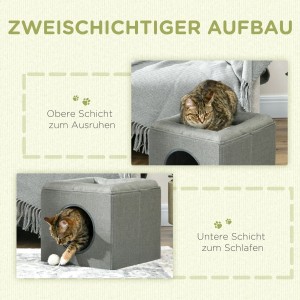 PawHut Katzenhöhle mit 2 Ebenen: Katze ruht oben, andere kommt aus dem Eingang unten. Katzenkorb in Grau.