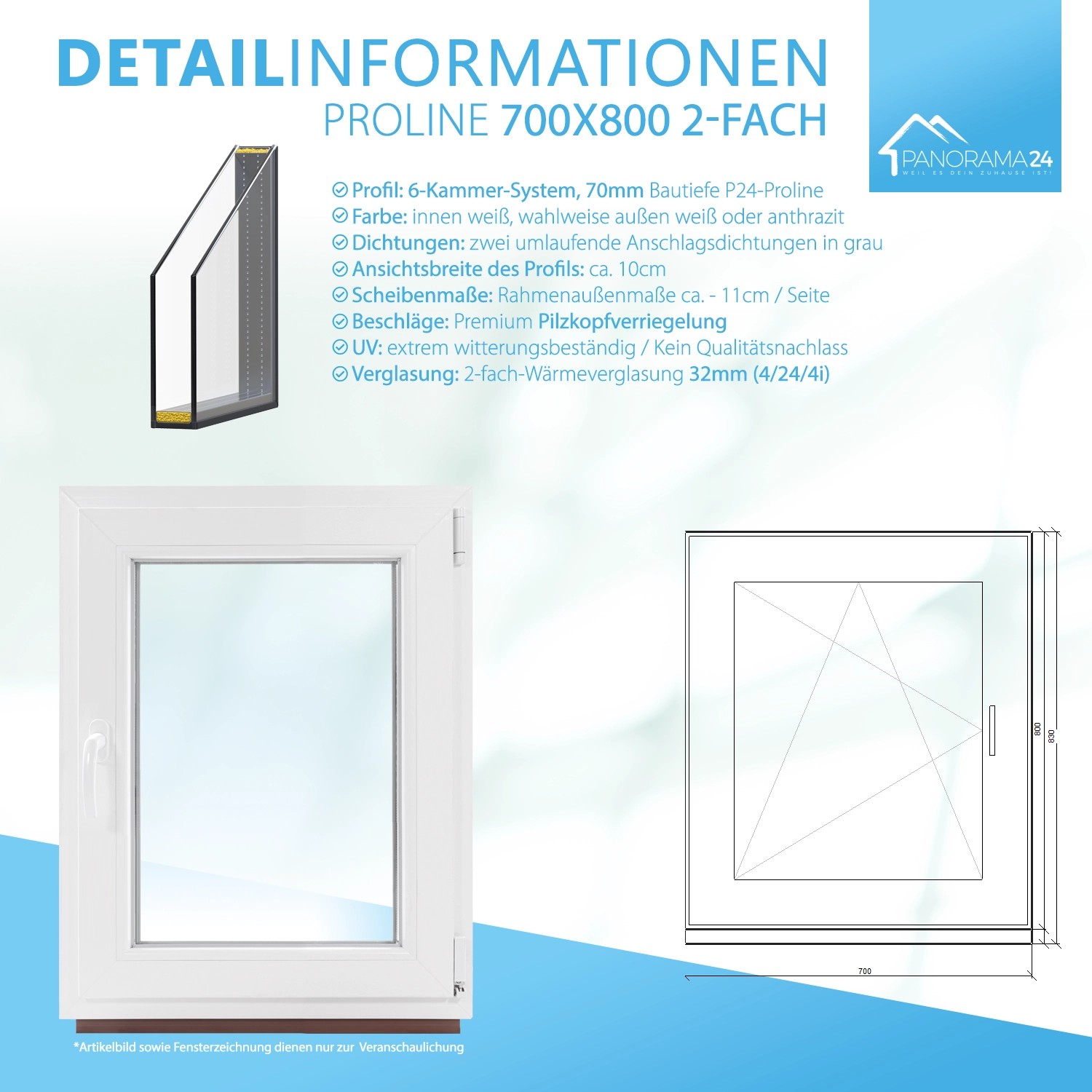 Weißes Framelux Kunststofffenster Proline mit 2-fach Verglasung, 700x800 mm, Rechtsanschlag.