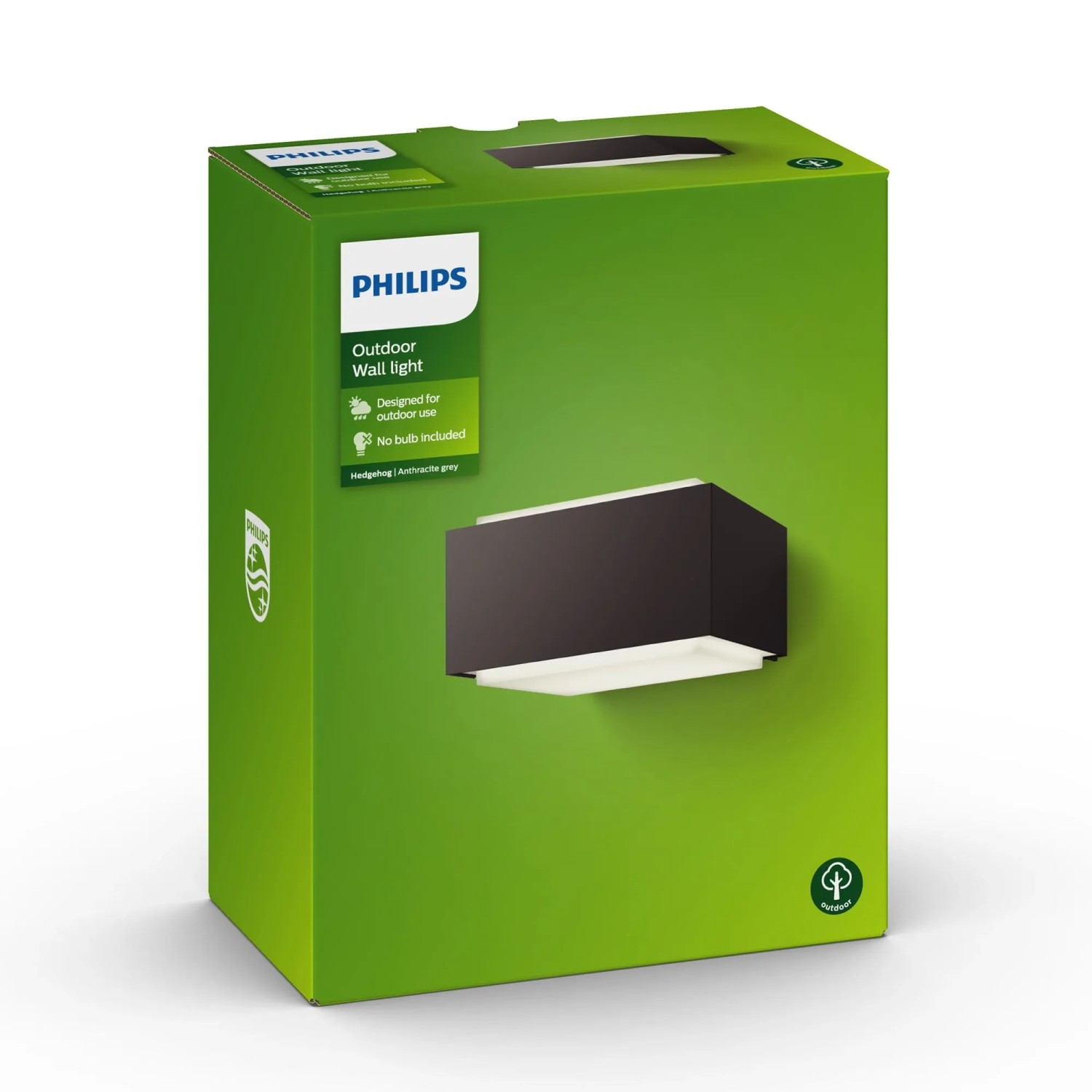 Verpackung der Philips MyGarden Hedgehog Außenwandleuchte in Anthrazit, 16x18,2cm.