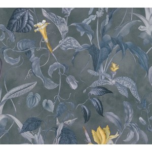 Michalsky Living Vliestapete Change: Dschungel-Motiv in Grau, Blau und Gelb mit Pflanzen und Blüten.