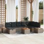 Graues 9-teiliges Garten-Sofa-Set aus Poly Rattan mit schwarzen Kissen und Stauraum.