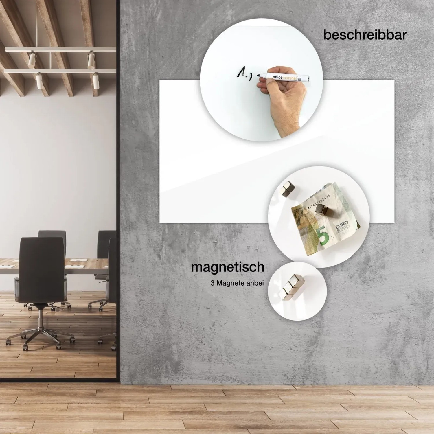 Rahmenloses, weißes Glas-Whiteboard 45x60 cm, beschreibbar und magnethaftend, mit Büro-Szene.
