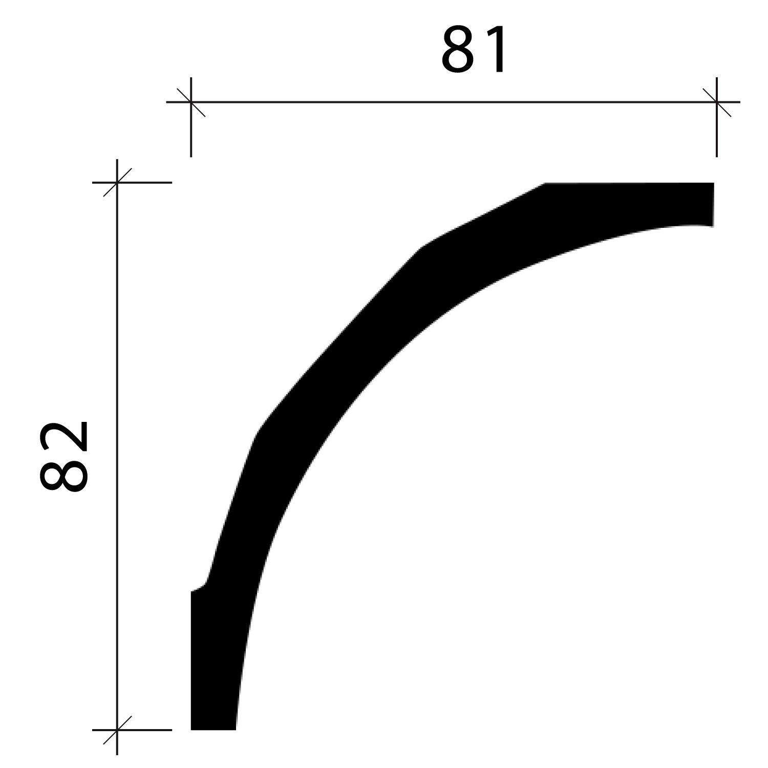 Detailaufnahme: Weiße PROFHOME Eckleiste/Deckenleiste (8,1x8,2cm) mit Maßangaben.