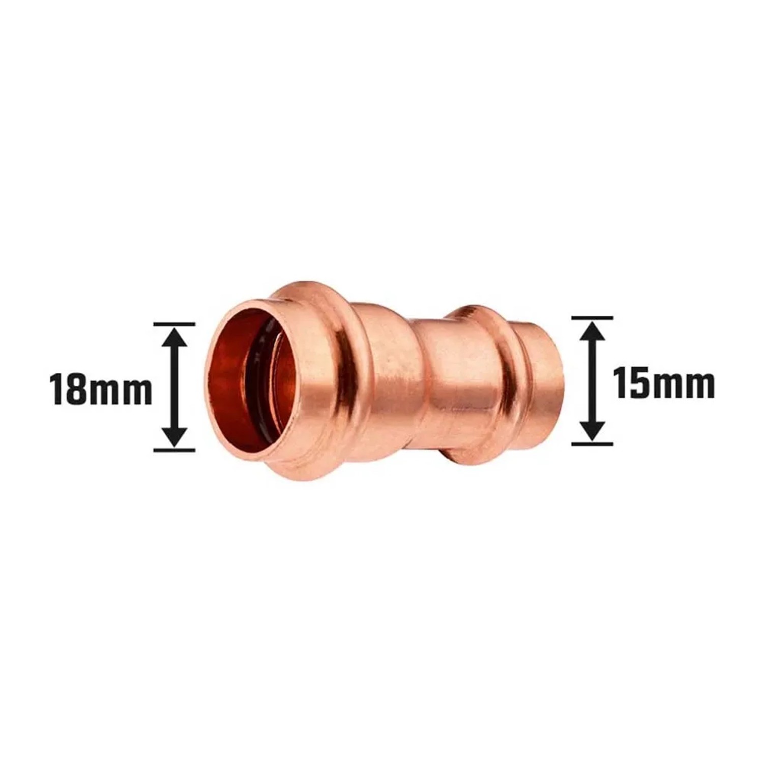 Press-Reduziermuffe aus Kupfer, 18 mm x 15 mm, für Pressfittings.