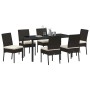 Schwarze 7-teilige vidaXL Garten Essgruppe aus Poly Rattan mit Tisch und 6 Stühlen.