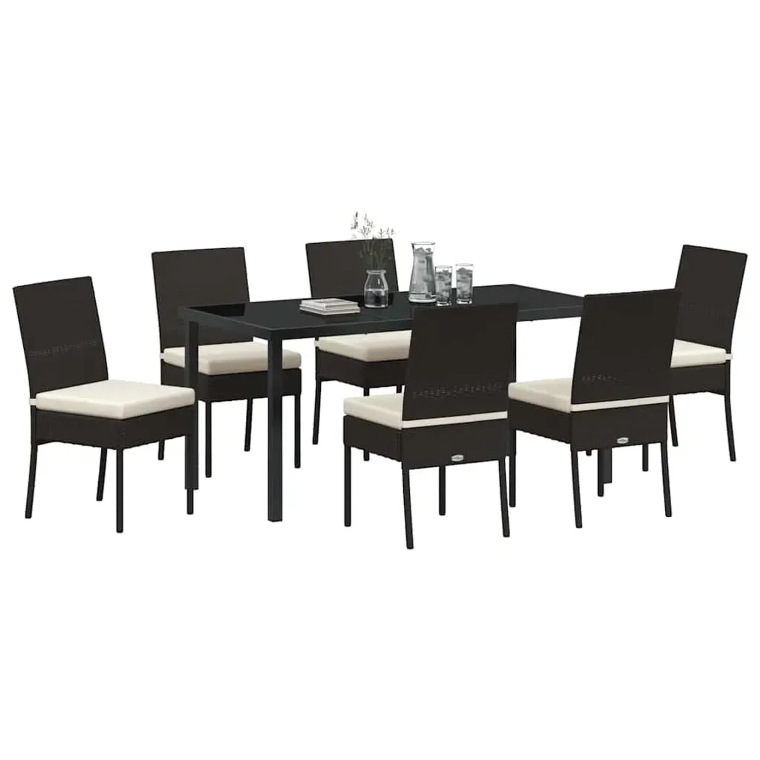 Schwarze 7-teilige vidaXL Garten Essgruppe aus Poly Rattan mit Tisch und 6 Stühlen.