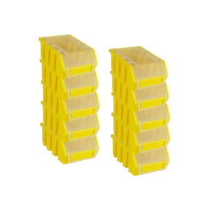 PROREGAL SuperSparSet: 10 gelbe Sichtlagerboxen mit Deckel, gestapelt. Aufbewahrungssystem für Werkstatt & Garage.