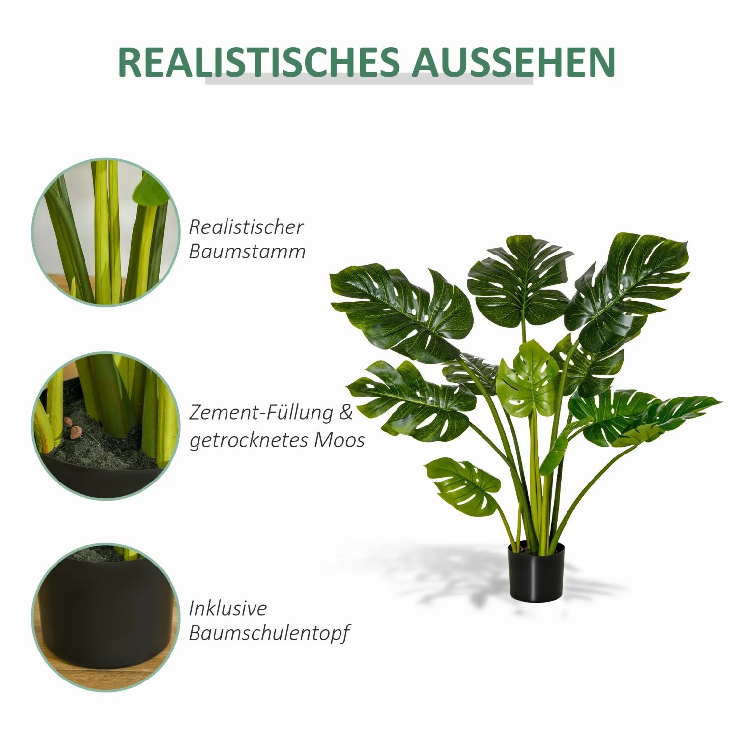Realistische HOMCOM Kunstpflanze Monstera, 110 cm hoch, mit grünen Blättern und schwarzem Kunststofftopf. Ideal als Hausbaum.