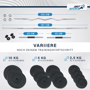 ArtSport Hantelset 3 in 1: Kurz-, Lang-, Curlhantel mit 60kg Gewichtsscheiben für dein Krafttraining.