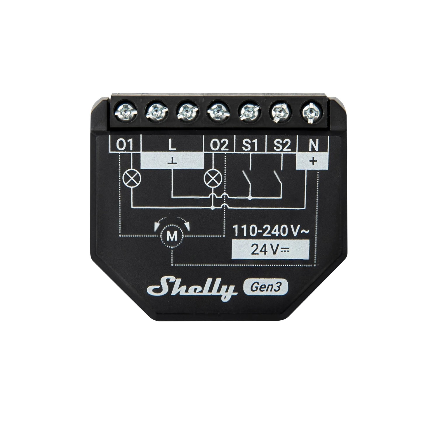 Schwarzer Shelly Relais Rollladenaktor 2PM Gen3 für die Hausautomation.