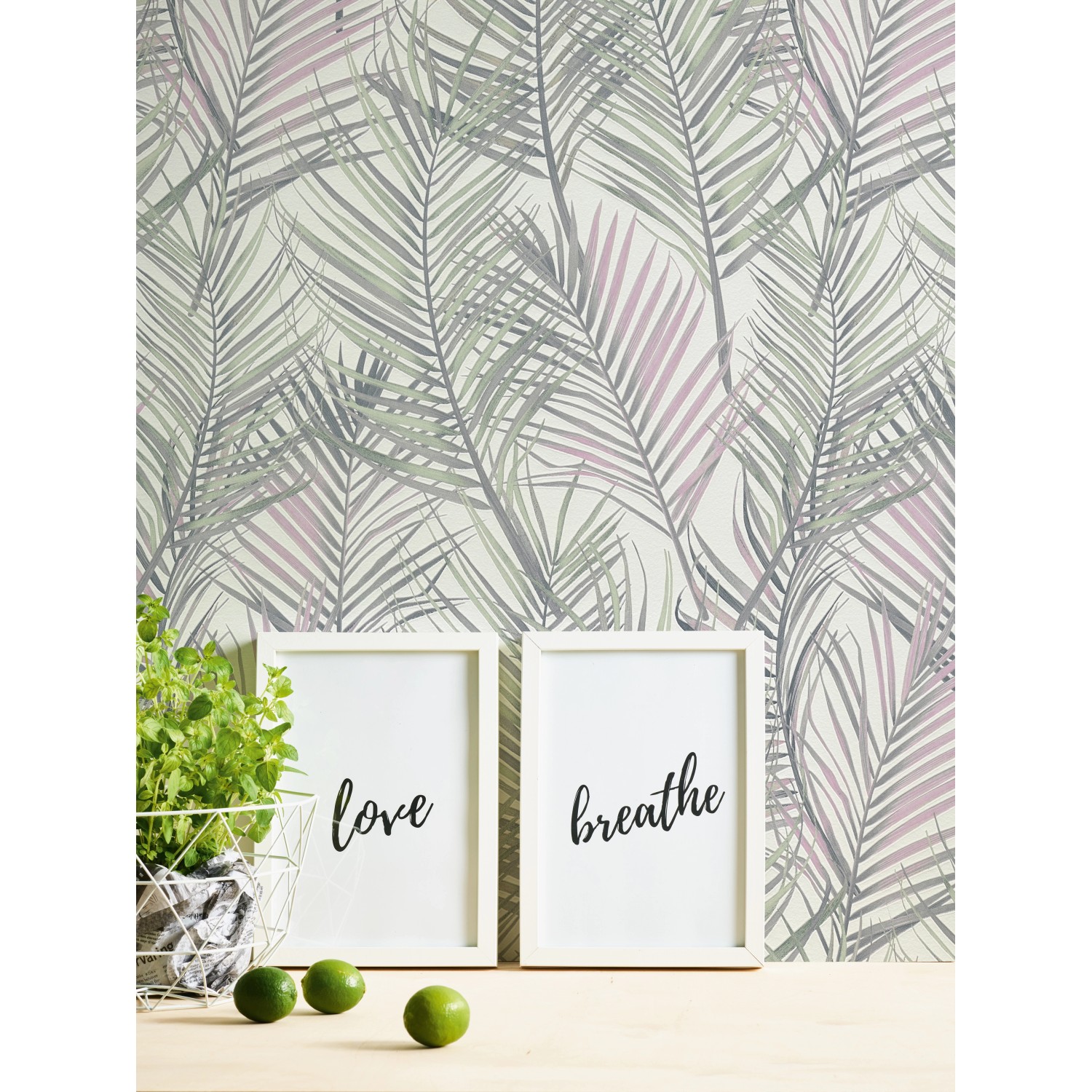 A.S. Création Vliestapete Dschungel Grau Grün mit Palmenmuster und Dekoration.