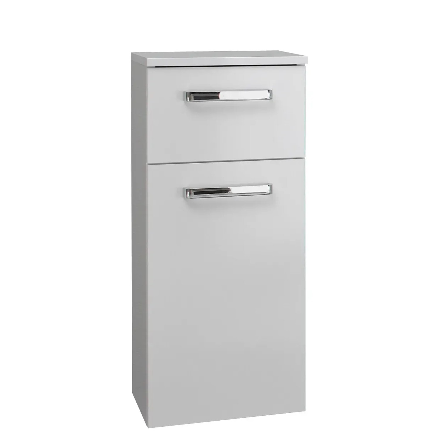 Pelipal Hochschrank in Weiß mit zwei Schubladen und Chromgriffen als Teil des Badmöbel-Sets Quickset 312.