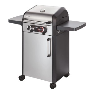 Enders Elektrogrill eFlow Pro 2 Turbo, 3 kW, silberfarben, mit zwei klappbaren Seitentischen und Unterschrank.