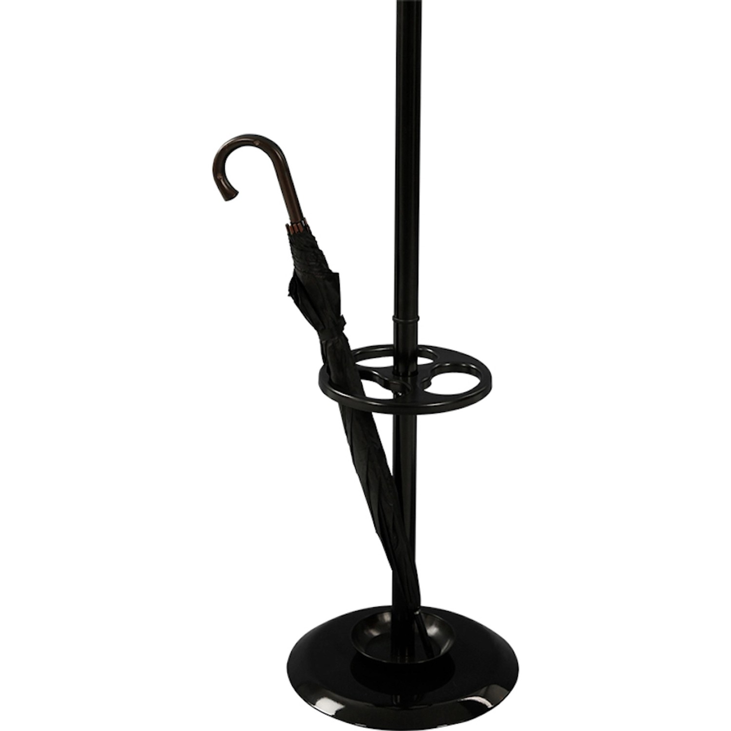 Schwarzer Garderobenständer mit Schirmhalter und Porzellanfuß, inklusive Schirm.