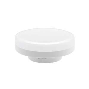 Weiße, runde Arcchio GX53 LED-Lampe 10W mit opaler Abdeckung. Warmweißes Leuchtmittel aus Kunststoff.