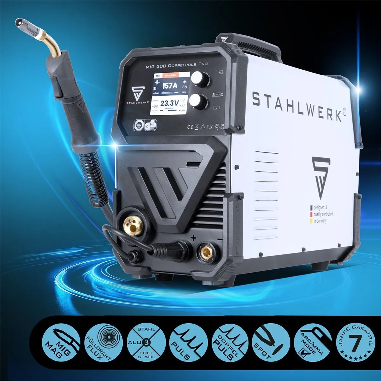STAHLWERK MIG MAG 200 Doppelpuls Pro Schweißgerät, silber-schwarz, mit Schweißbrenner, Display, Puls- & MMA-Funktion.